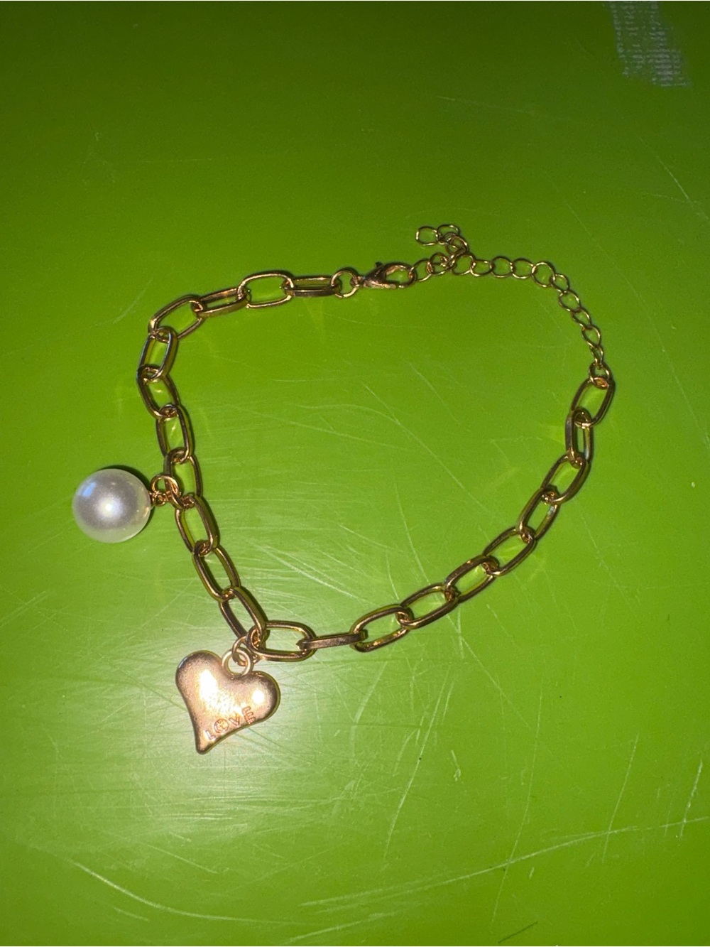 Gold Chain Bracelet with Heart Charm and Pearl Accent - Women's Jewelry